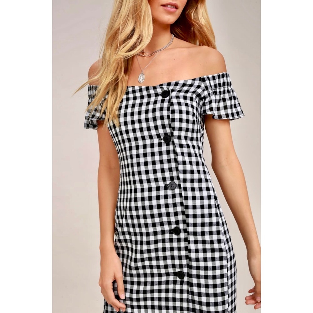 “Check, Please” Classic Gingham Off-Shoulder Dress - Picture 3 of 10